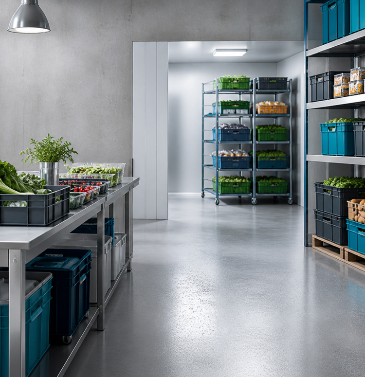 Farm shop and food production storage area with plastic crates, produce boxes, trolleys and food handling containers.