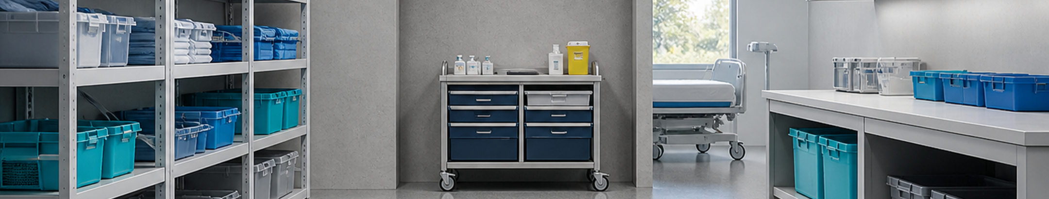Clean healthcare storage area with plastic storage boxes, colour-coded containers, shelving and trolleys for hospital supplies and equipment.