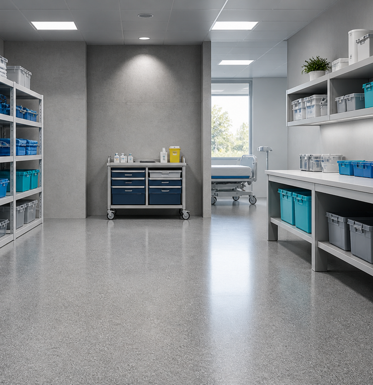 Clean healthcare storage area with plastic storage boxes, colour-coded containers, shelving and trolleys for hospital supplies and equipment.