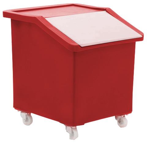 Red wheeled ingredient container for storing and dispensing dry ingredients in bakeries, kitchens and food production areas.