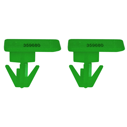 Green plastic ALC security seals for tamper-evident attached lid containers used in storage, handling and transport.