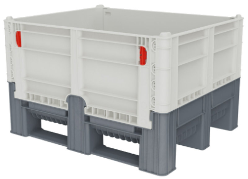 Folding bulk container pallet box for high-volume storage, transport and returnable logistics.