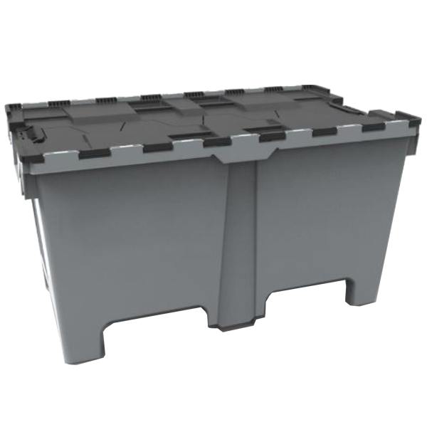 Large grey heavy-duty attached lid container for bulky storage, transport and industrial handling.