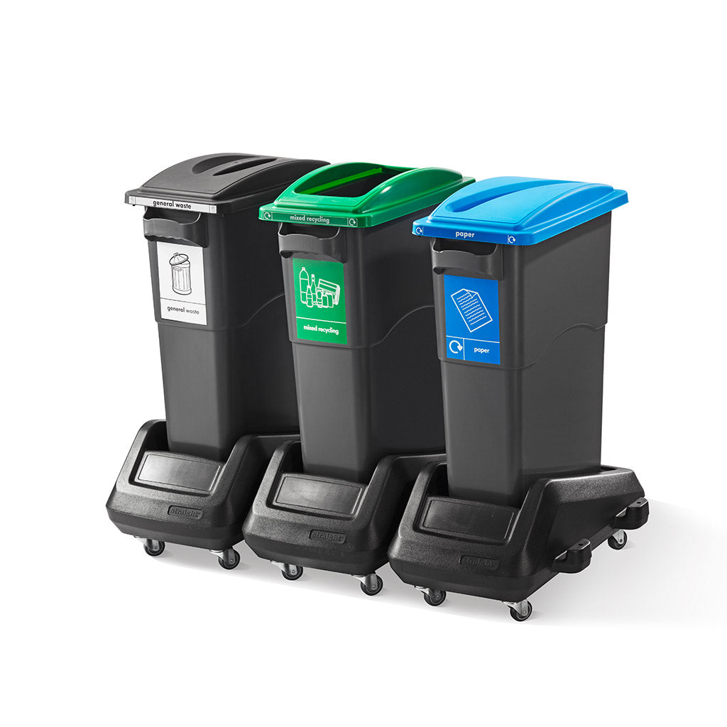 3 x 70L Maxi Bin plus lids and Trolley EcoSort Recycling Bin System