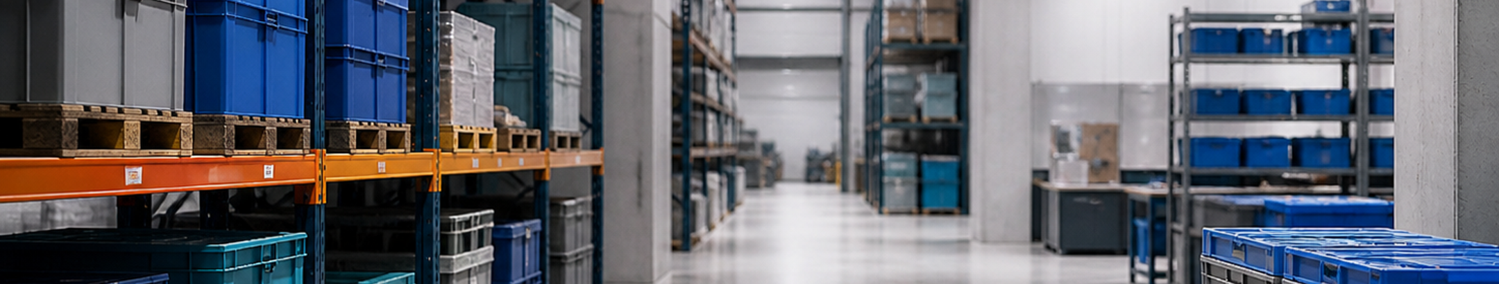 Warehouse storage area with plastic containers, pallet boxes and racking for distribution operations.