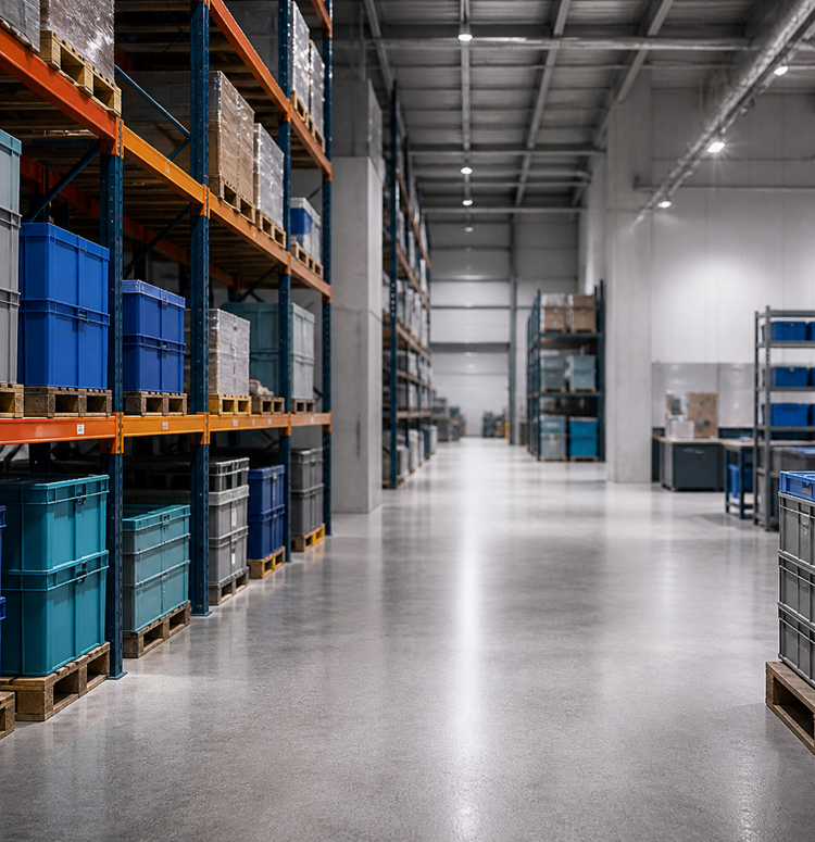 Warehouse storage area with plastic containers, pallet boxes and racking for distribution operations.